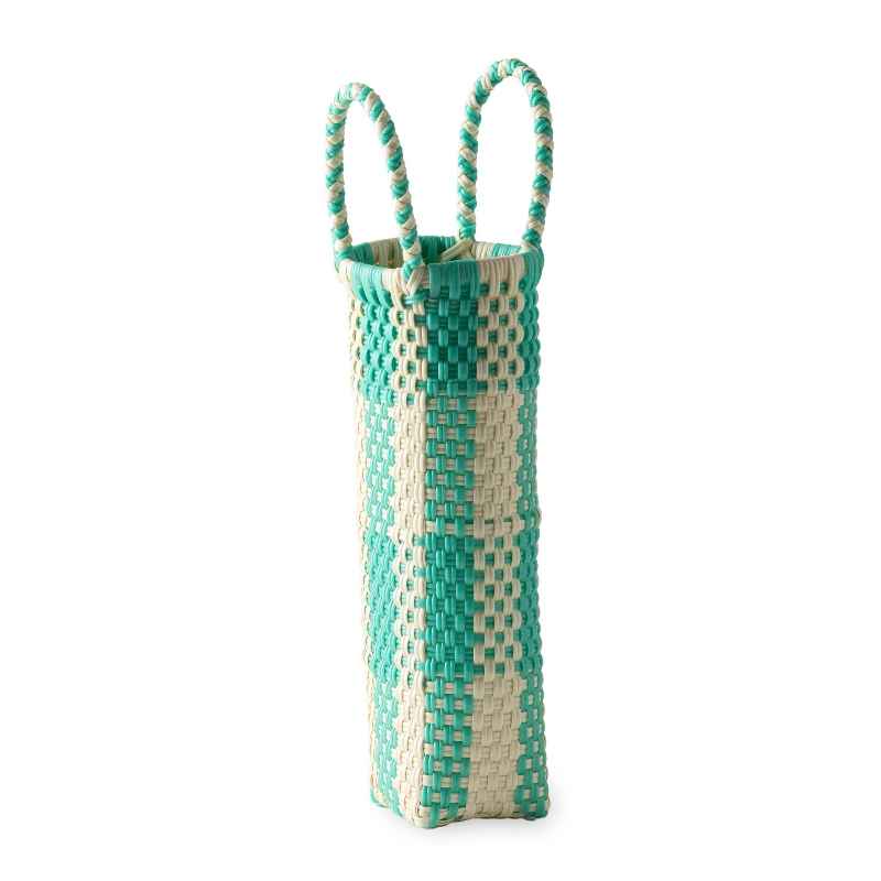 Woven Recycled Plastic Wine Tote - Turquoise Checks